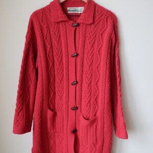 Aran Crafts Ireland 100% Merino Wool Long Red Sweater Cardigan Sz Lg